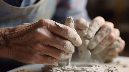 Close-up view of an artist's hands meticulously shaping and crafting a ceramic piece