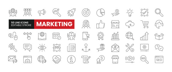 Fototapeta na wymiar Set of 50 Digital Marketing line icons set. Digital Marketing outline icons with editable stroke collection. Includes Marketing, Customers, SEO, Earnings, Target Audience and More.