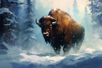 Untamed Bison snow forest. Nature mammal. Generate Ai - obrazy, fototapety, plakaty