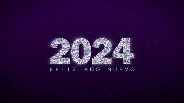 Feliz ano nuevo 2024. Happy New Year 2024 Spanish greeting. Sparkling animated letters and numbers on dark blue background. Horizontal silver fireworks.