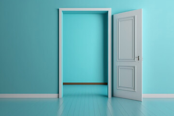 Simple, right-angled, flat turquoise blue wall with a white door and wooden flooring, mockup, template, illustration. Generative AI