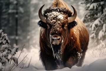 Tranquil Bison snow forest. Nature mammal. Generate Ai
