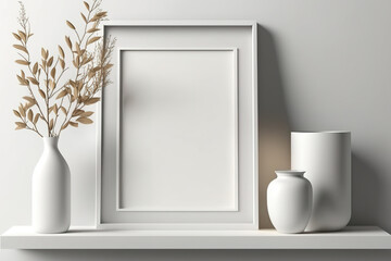 The wooden shelf with a frame and decorative background has a branch in a white vase. Generative AI