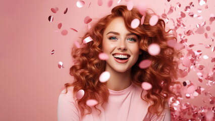 Obraz na płótnie Canvas Portrait of happy young woman with curly red hair over pink background. Cute laughing redhead girl with falling confetti, looking at camera, copy space. Happy birthday or bachelorette party concept