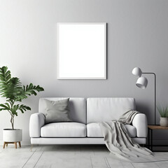 Interior of modern living room with white sofa, coffee table and plant. Mock up poster. 3d render