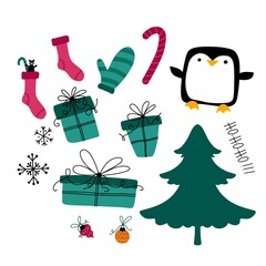 Christmas tree and animals set penguin and gift box pattern for wrapping paper and fabrics and new year print