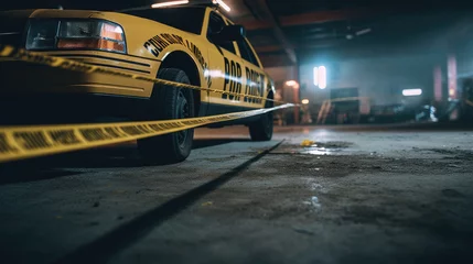 Rolgordijnen The law enforcement officer's yellow car and the crime scene tape are yellow © didiksaputra