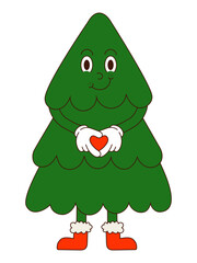 Cute groovy Christmas tree showing a heart. Christmas retro mascots. Vector illustration