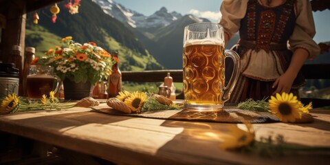 Two Beer Jugs Rest on a Table at a Hut, with the Majestic Alps as a Backdrop, Celebrating the Best of German Brewing Craftsmanship, a Destination for Summit Seekers, Hikers, and Lovers of Hops, Malt