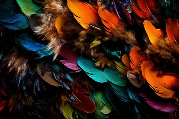 Background with feathers of different colors and textures. Generative AI