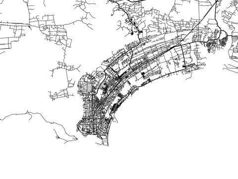 Vector road map of the city of  Cilacap in Indonesia with black roads on a white background.
