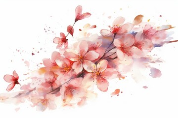 Background of blooming sakura and falling petals in spring. Watercolor illustration with transparent background. Generative AI