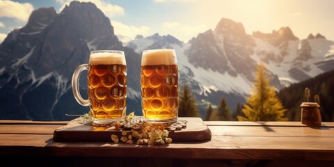 Two Beer Jugs Rest on a Table at a Hut, with the Majestic Alps as a Backdrop, Celebrating the Best of German Brewing Craftsmanship, a Destination for Summit Seekers, Hikers, and Lovers of Hops, Malt
