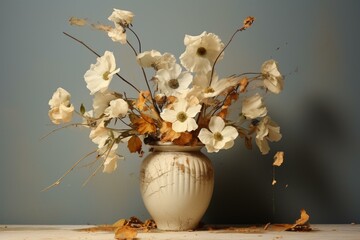 Dying flowers in a pale vase, on a plain backdrop, on a special day. Generative AI - obrazy, fototapety, plakaty