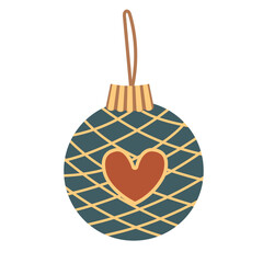 Christmas ball with a heart isolated on a white background. Christmas tree decoration baubles in simple vector style. Symbol of Happy New Year, Christmas celebration, winter. Flat design for map.