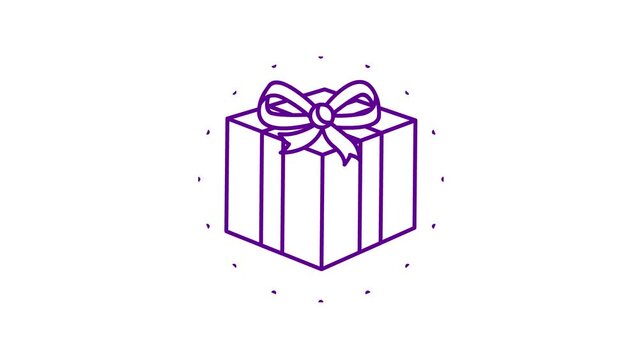 Animated icon of violet gift with rays around. Symbol of present. Linear vector illustration isolated on the white background.