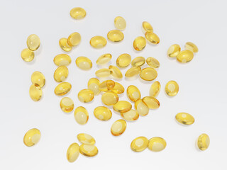 Gel, oil, gelatin capsules isolated on white background. 3d render. PNG. Tablets, medicine concept. 3D rendering, ui, ux. Pills. Health. A fish oil gel capsules with omega-3 and vitamin D