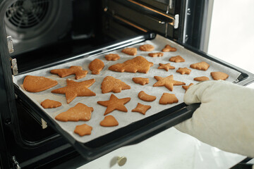 Hand in oven mitts holding tray with fresh baked gingerbread cookies in christmas festive shapes in modern white kitchen. Making christmas gingerbread cookies