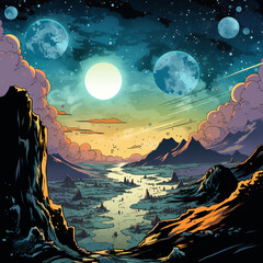cartoon comic style earth view from moon surface