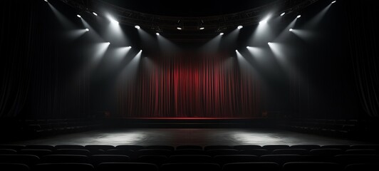 Empty 3d room background template - Theater stage with black red velvet curtains and spotlights - obrazy, fototapety, plakaty