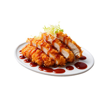 cut breaded chicken with sauce isolated on white background, ai generated