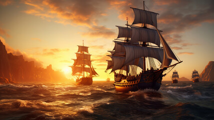 group of Portuguese Caravel ships sailing towards Cape of Hope with sunset in the background