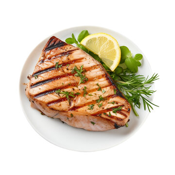 plate of grilled fish steak top view isolated on white background, ai generated