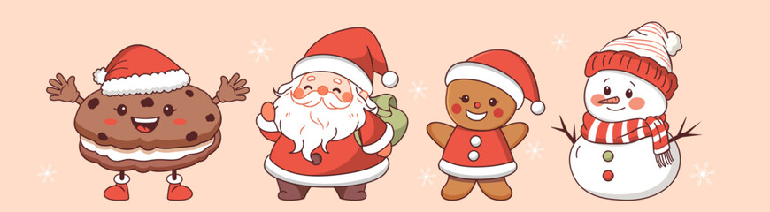 Cute christmas characters. Santa Claus, snowman, gingerbread man and cookie set. Vector illustration.