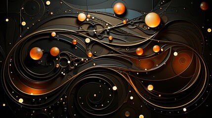 AI-generated illustration of a beautiful, swirling abstract black artwork with gold and orange dots, circles and lines. 3D effect. MidJourney.