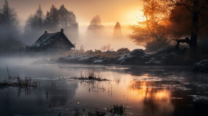 Misty house by the lake