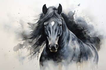 Majestic Black horse watercolor. Art abstract stroke. Generate Ai