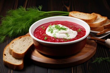 Borscht with sour cream and rye bread on a wooden table. Copy space