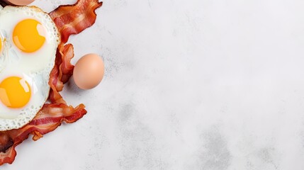 Bacon and eggs on a light gray background. Copy space. Food Photography - obrazy, fototapety, plakaty