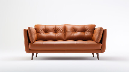 sofá confortável moderno para dois assentos de couro marron sobre fundo branco