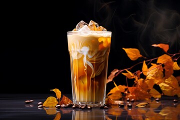 Iced coffee latte in a tall glass on a black background with autumn leaves.