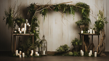 Fototapeta na wymiar decoração minimalista com tema de floresta e guirlanda de vegetação 
