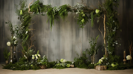 decoração minimalista com tema de floresta e guirlanda de vegetação
