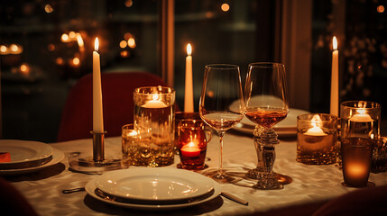 
jantar moderno à luz de velas com taças de champanhe - obrazy, fototapety, plakaty