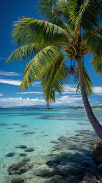 A huge coconat palm tree in the corner of maldives islands. AI Generative