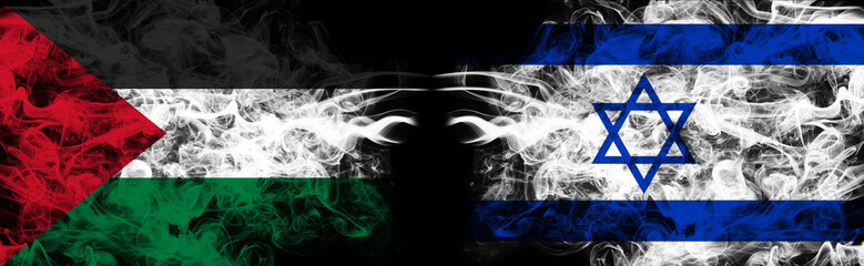 Israeli and Palestinian flag in smoke on BLACK background. Concept of conflict of Israel VS Palestine. International tensions and war in Gaza Strip. 3D illustration