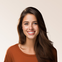 A closeup photo portrait of a beautiful young American model teen woman smiling with bright white clean teeth, used for a dental ad, dentist advertisement, isolated on gradient background, isolated
