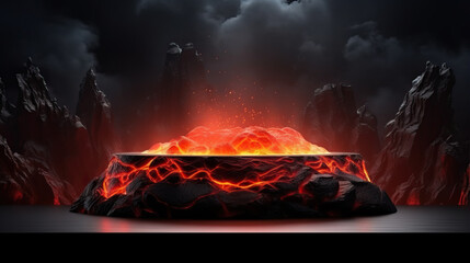 Podium lava rocks smelt on volcano with magma and lava erupt. stage for product display, blank showcase, mock up template presentation - obrazy, fototapety, plakaty