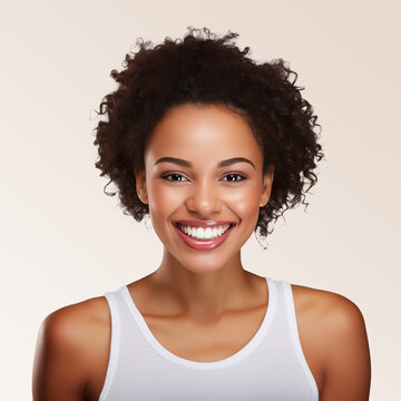 A closeup photo portrait of a beautiful young African American model woman smiling with bright white clean teeth, used for a dental ad, dentist advertisement, isolated on gradient background, isolated