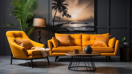 Modernes gelbes Wohnzimmer: Stilvoller Sessel, Sofa und Kunstwerke
