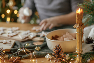 Vintage candle, golden lights, pine cones on background of man decorating gingerbread cookies with...