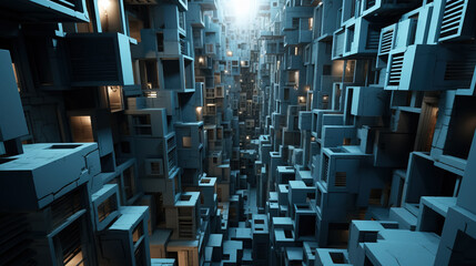 Abstract cityscape, deep blue tones, intricate layout.
