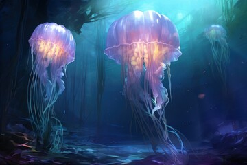 Luminescent jellyfish guardians, illuminating the depths of the ocean with their glow - Generative AI - obrazy, fototapety, plakaty