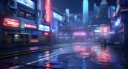 Cyberpunk futuristic city at might with neon signs