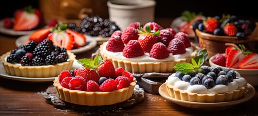 closeup fresh fruit tart with fresh fruit and cream cheese, strawberry, apricot, blueberry, raspberry, Generative Ai - obrazy, fototapety, plakaty