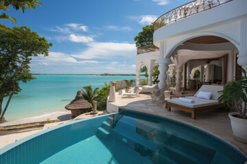 Luxurious Zanzibar Hotel with a Pool: A famous and luxurious holiday hotel in Zanzibar, Africa, - obrazy, fototapety, plakaty